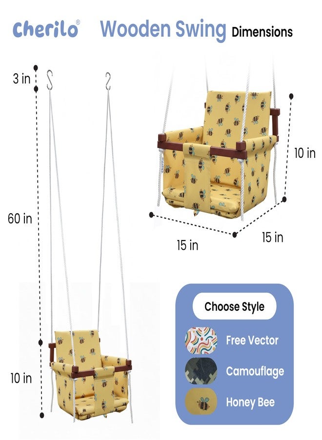 Cherilo Wooden Swing for Kids 6 Months to 5 Years | Indoor Outdoor Hanging Jhula for Kids | Comfortable & Safe Swing with 2 Cushions and Safety Belt | Strong Wooden Frame Swing for Baby - Honey Bee - Image 5